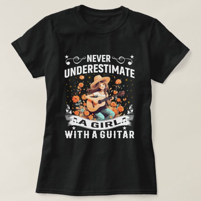 La guitarra camiseta nunca subestima a una mujer C (Diseño del anverso)