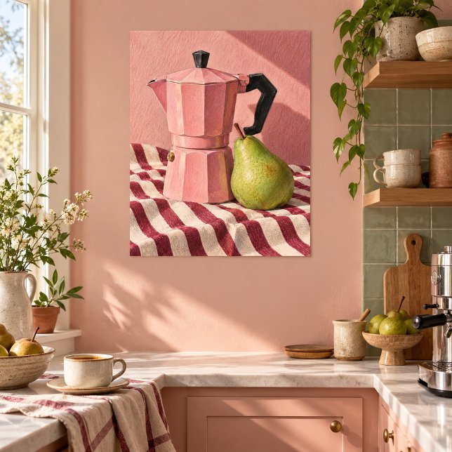 La impresión artística de la cafetera rosa (Unframed paper art print. All texture effects are printed. Room styling props are not included.)