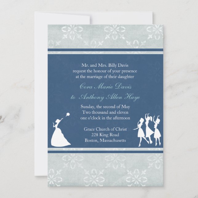 La invitación a la boda azul de la Marina de Novia (Anverso)