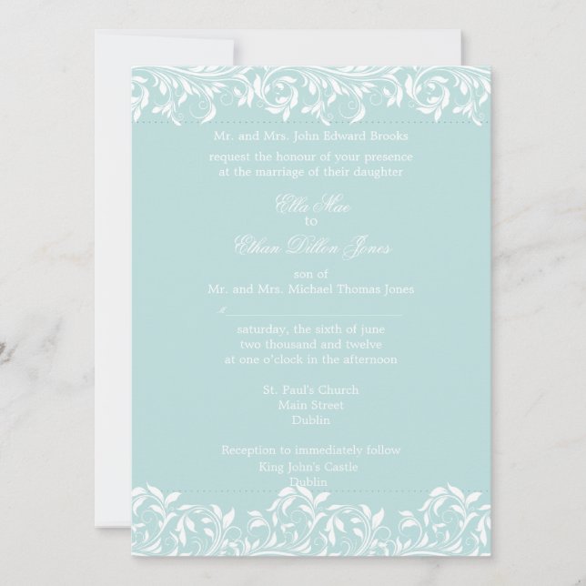 La invitación a la boda blanca y azul de Sarah Jan (Anverso)