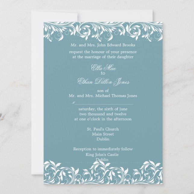 La invitación a la boda blanca y azul de Sarah Jan (Anverso)