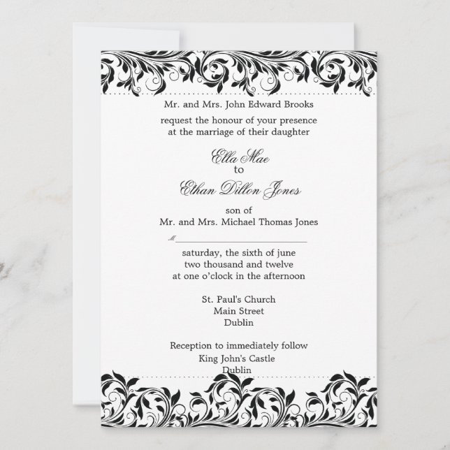 La invitación a la boda blanca y negra de Sarah Ja (Anverso)
