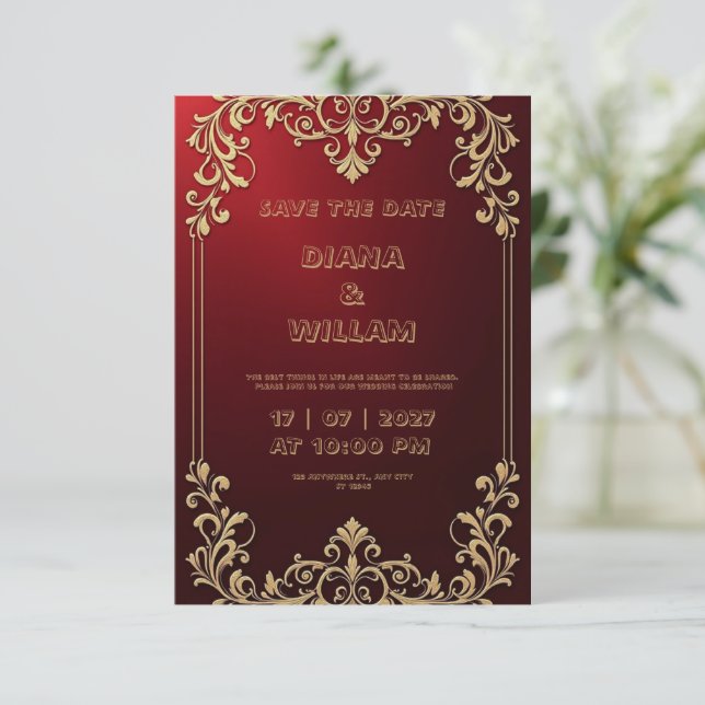La invitación a la boda roja evoca el lujo (Anverso de pie)