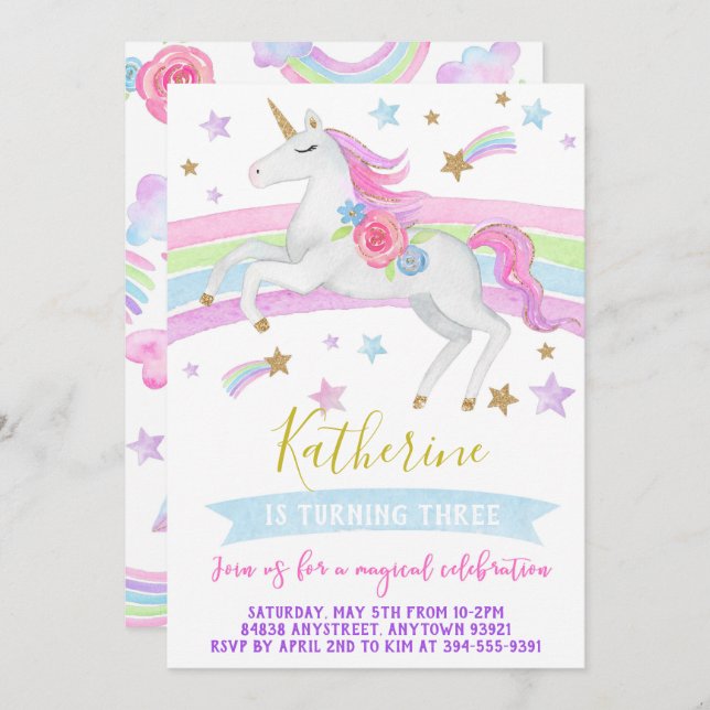 La invitación a la fiesta de cumpleaños de Unicorn (Anverso / Reverso)