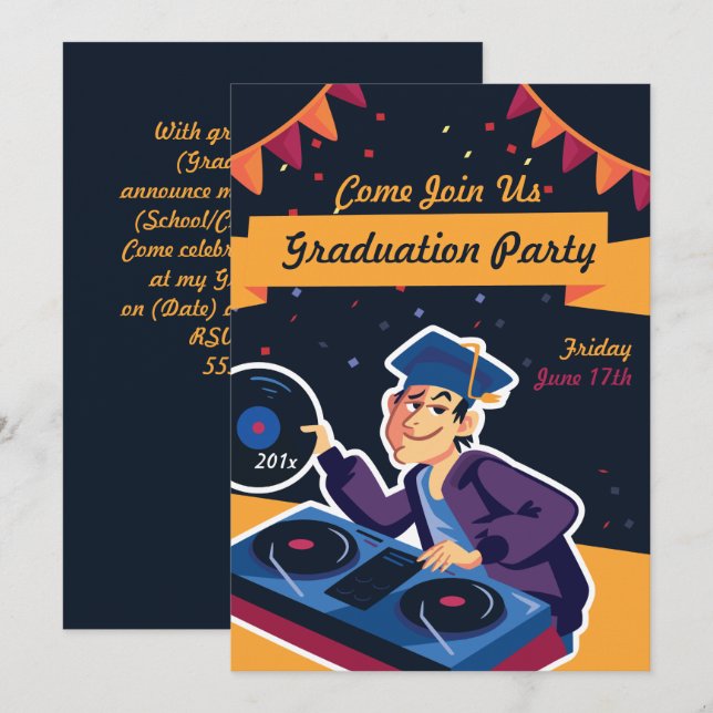 La invitación a la fiesta de graduación de DJ grad (Anverso / Reverso)
