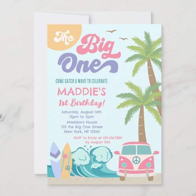 La invitación al cumpleaños del surf The Big One (Anverso)