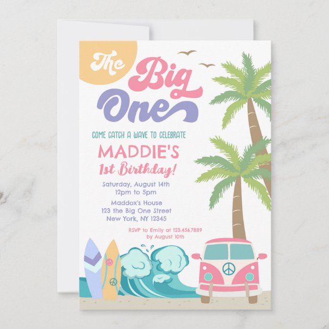 La invitación al cumpleaños del surf The Big One (Anverso)