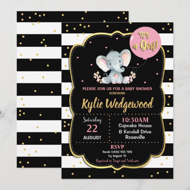La invitación al elefante Baby Shower es un Chica (Anverso / Reverso)