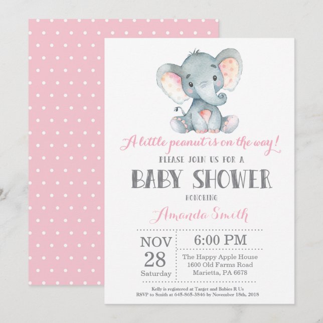 La invitación al elefante Baby Shower rosa y gris (Anverso / Reverso)