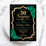 La invitación al oro negro verde sorprende a los 3<br><div class="desc">Sorpresa 30.ª Invitación a la fiesta de cumpleaños. Diseño femenino negro y verde esmeralda con oro falso purpurina. Incluye rosas, tipo de letra de guión y configuración. Perfecto para una elegante celebración del cumpleaños de las mujeres. Se puede personalizar para mostrar cualquier edad. Invitaciones Zazzle impresas o una plantilla imprimible...</div>