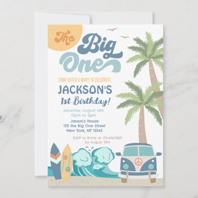 La invitación al primer cumpleaños de Big One Surf (Anverso)