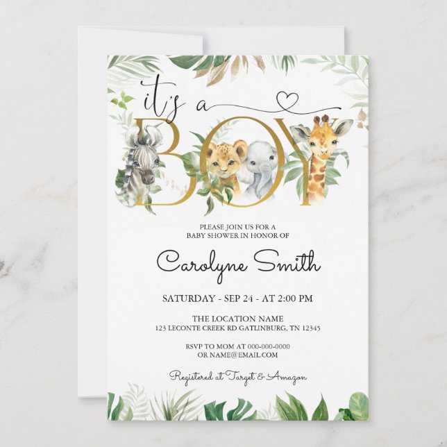 La invitación de Baby Shower a un chico Safari Jun (Anverso)