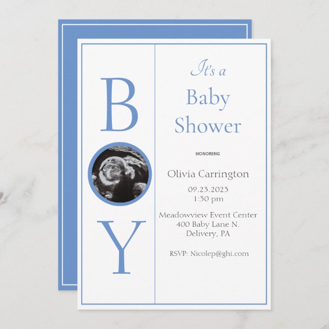 La invitación de Baby Shower de Boy Photo Blue (Anverso / Reverso)