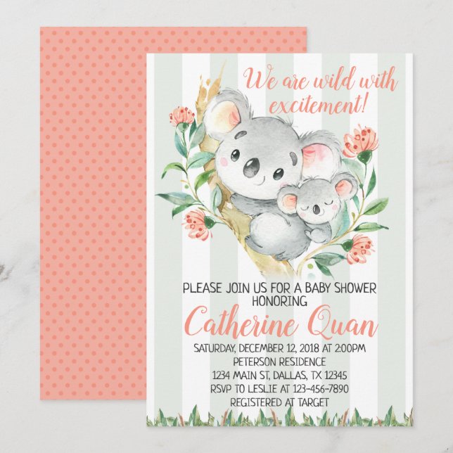 La invitación de Baby Shower de la koala invita (Anverso / Reverso)