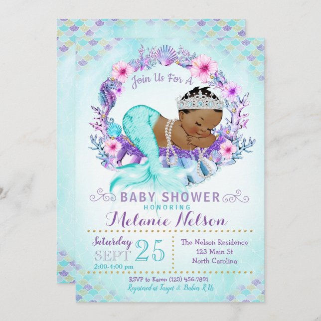 La invitación de Baby Shower de la sirena asperja (Anverso / Reverso)