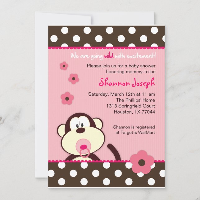 La invitación de Baby Shower de los puntos de mono (Anverso)
