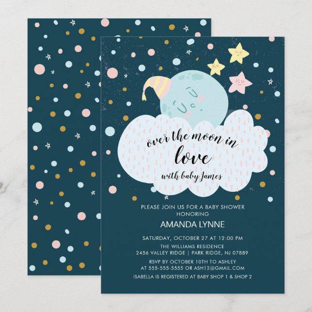 La invitación de Baby Shower de Over the Moon Love (Anverso / Reverso)