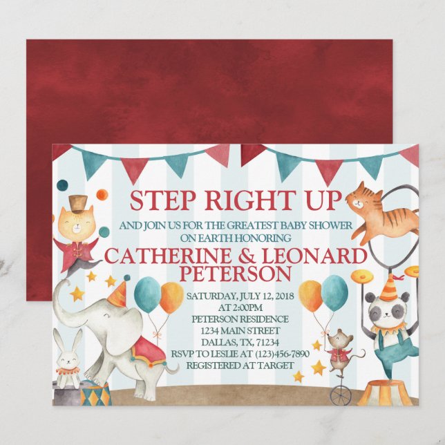 La invitación de Baby Shower del animal de circo (Anverso / Reverso)
