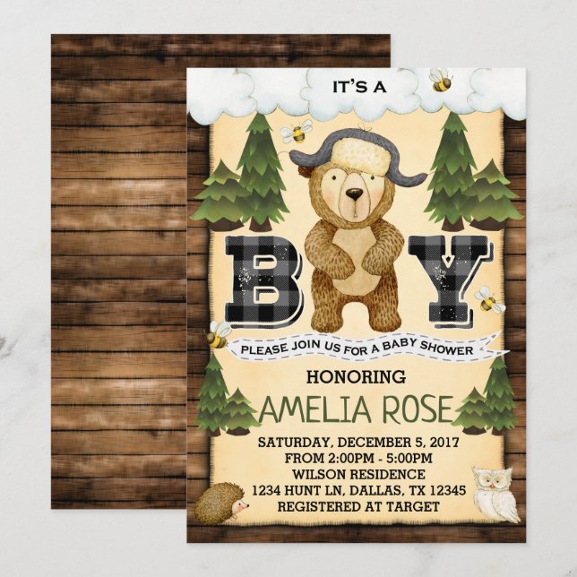 La invitación de Baby Shower del oso del arbolado (Anverso / Reverso)