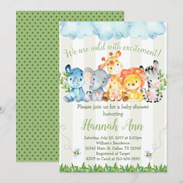 La invitación de Baby Shower del safari de selva (Anverso / Reverso)