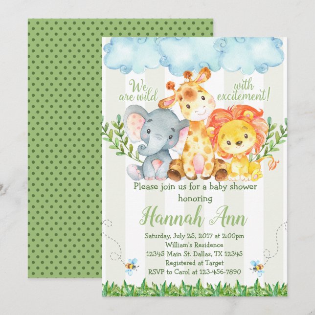 La invitación de Baby Shower del safari de selva (Anverso / Reverso)