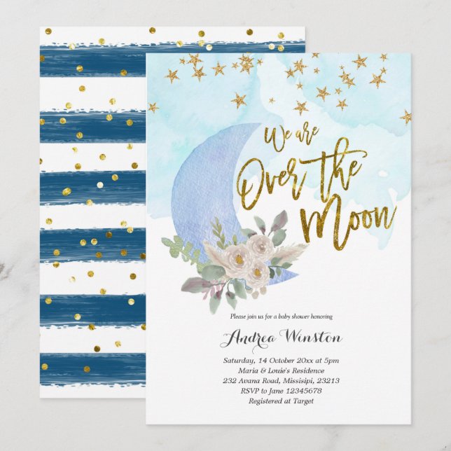 La invitación de Baby Shower Moon Blue (Anverso / Reverso)