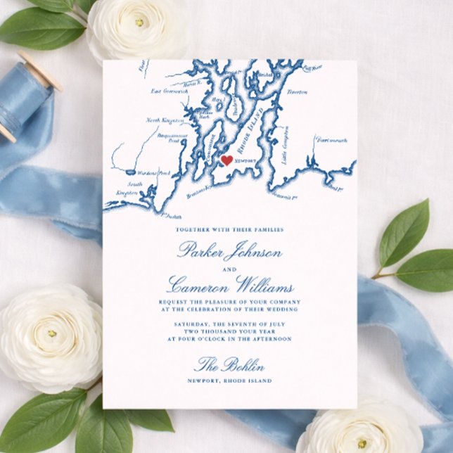 La invitación de boda de Bohlin – Mapa de Newport  (The Bohlin Wedding Invitation Newport RI Wedding at  Newport Yachting Club by Coastal Map Designs)