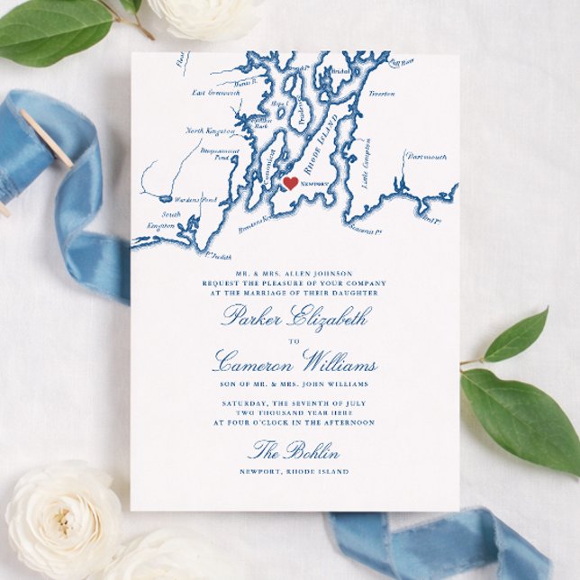 La invitación de boda de Bohlin – Mapa de Newport  (The Bohlin Wedding Invitation Newport Harbor Rhode Island Elegant Wedding Newport Yachting Club)