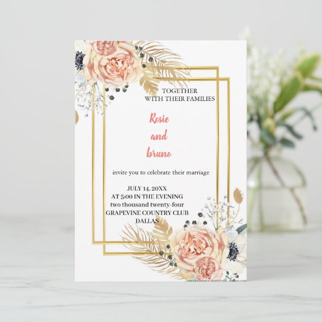 la invitación de boda rosa más elegante (Anverso de pie)