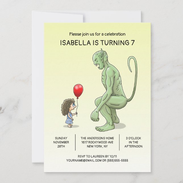 La invitación de cumpleaños de la niña y el trol (Anverso)