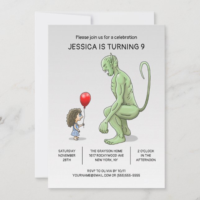 La invitación de cumpleaños de la niña y el trol (Anverso)