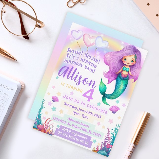 La invitación de cumpleaños de sirena púrpura rosa (Subido por el creador)