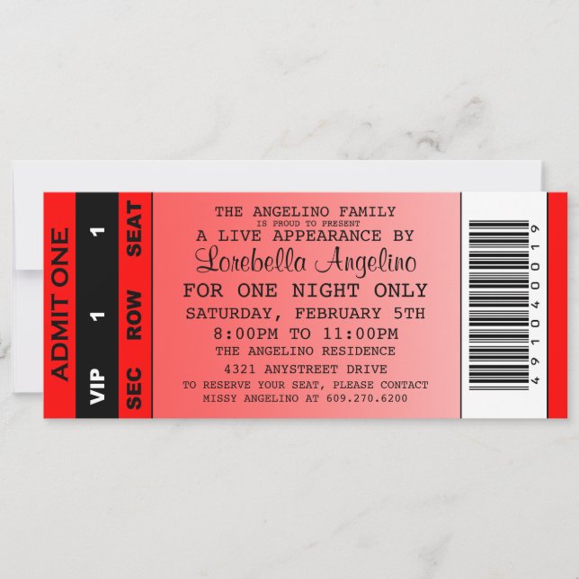 La invitación de cumpleaños del billete VIP (rojo) (Anverso)