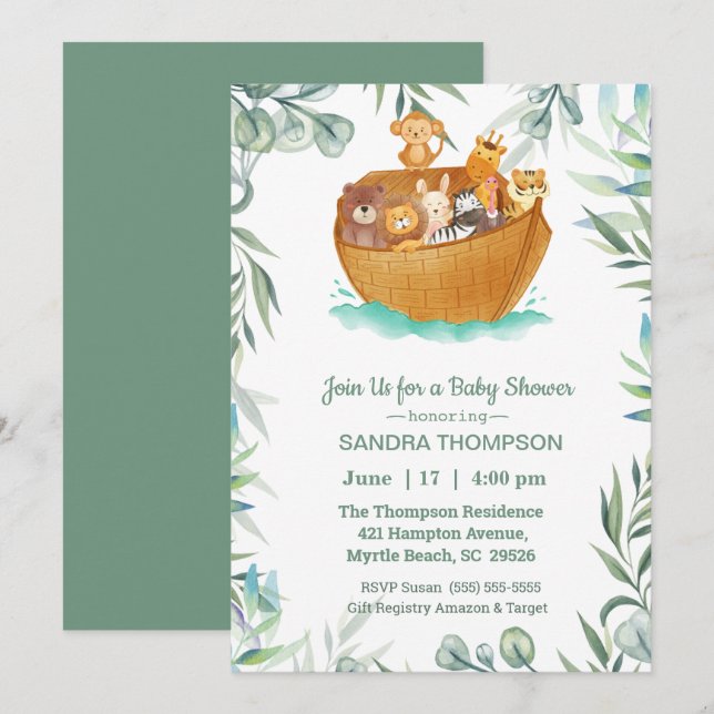 La invitación de Noah a la Baby Shower arca (Anverso / Reverso)