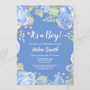 La invitación de un niño floral azul a Baby Shower