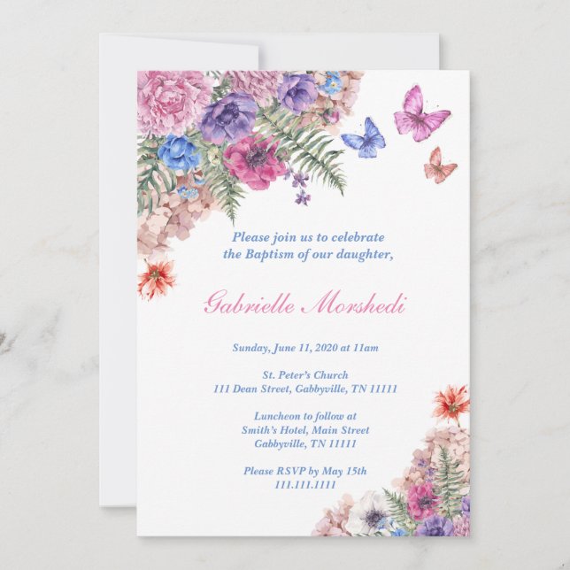 La invitación del bautismo, bautismo floral, Boho (Anverso)