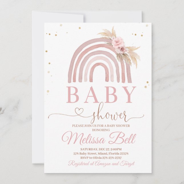 La invitación del Boho Rainbow Baby Shower Pampas (Anverso)