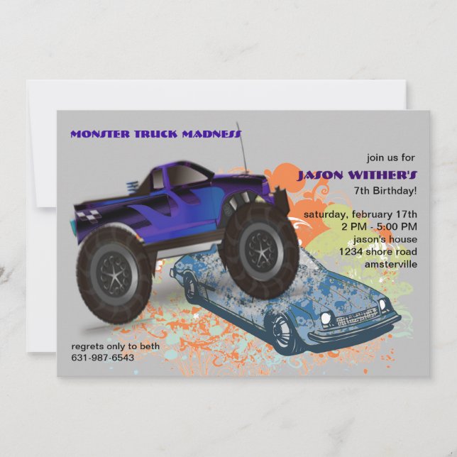 La invitación del monster truck de la trituradora (Anverso)