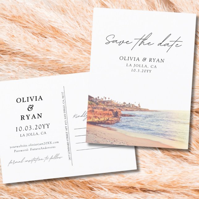La Jolla Salven la tarjeta postal de fecha Bodas d (La Jolla Save the Date Postcard San Diego Weddings)