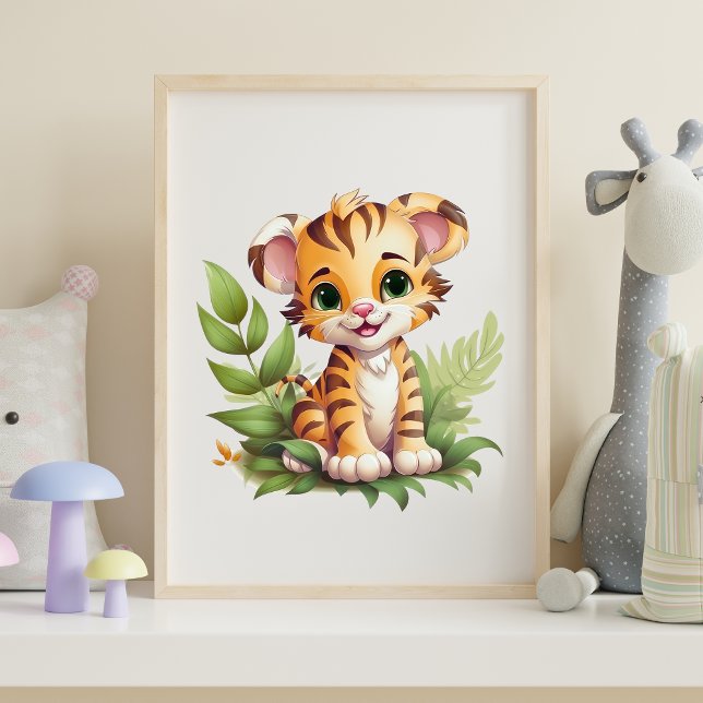 La jungla del tigre bebé deja arte en el muro de l (Baby Tiger with Jungle Leaves Nursery Wall Art Poster Print Available in many sizes, Framed or not)