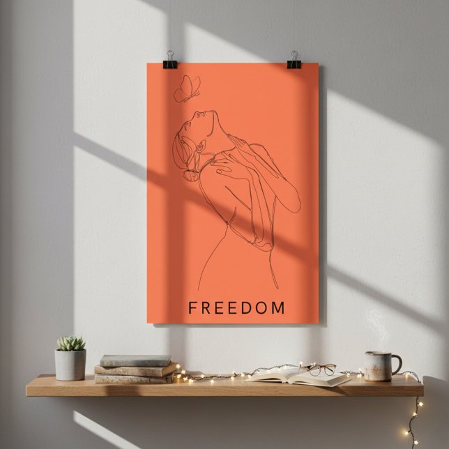 La libertad de abrazo: Arte de línea de mariposa y (Embrace Freedom: Woman and Butterfly Line Art Poster)
