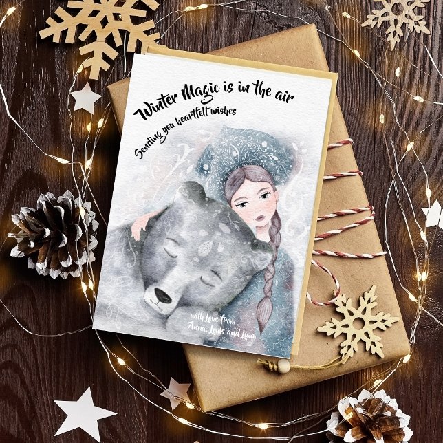 La magia de invierno está en el aire | Tarjeta rei (Snow Queen with Bear Winter Magic Wishes Card)