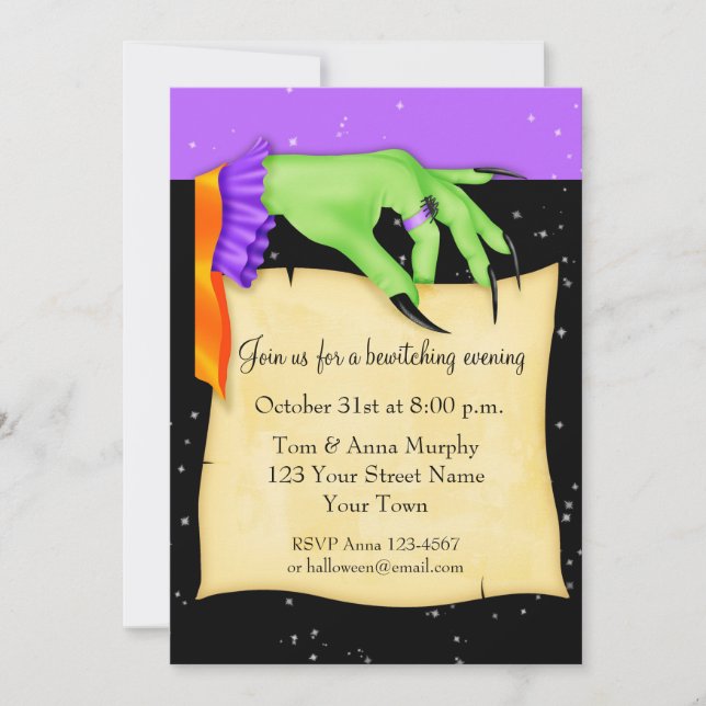 La mano de la bruja con la invitación de Halloween (Anverso)