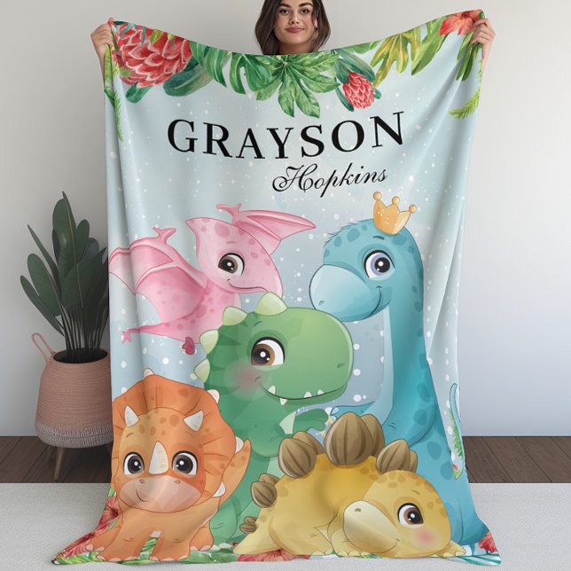 La manta de los niños con dinosaurios y hojas trop (Kid’s Blanket With Dinosaurs + Tropical Leaves (L))
