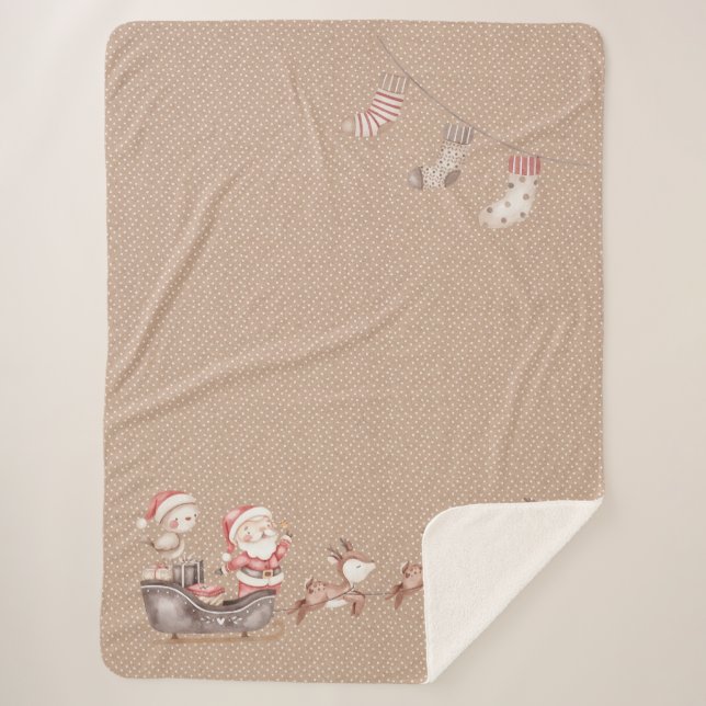 La manta del Sherpa marrón con Santa en el Sleigh (Anverso)
