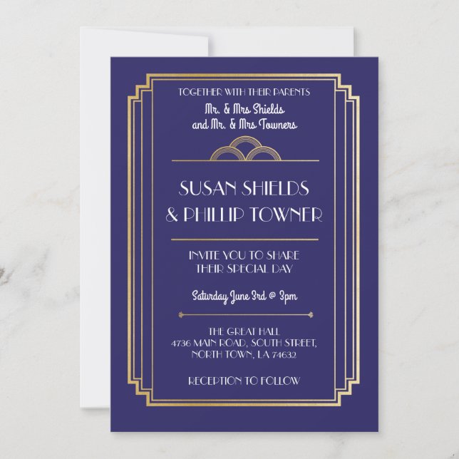 La marina de invitaciones a la boda Art Deco y el  (Anverso)