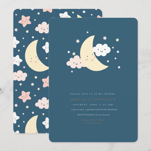 La marina de invitaciones cute Moon and Star Baby  (Anverso / Reverso)