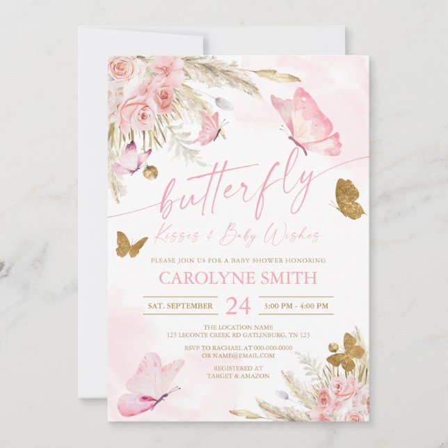 La mariposa rosa boho besa la invitación de Baby S (Anverso)