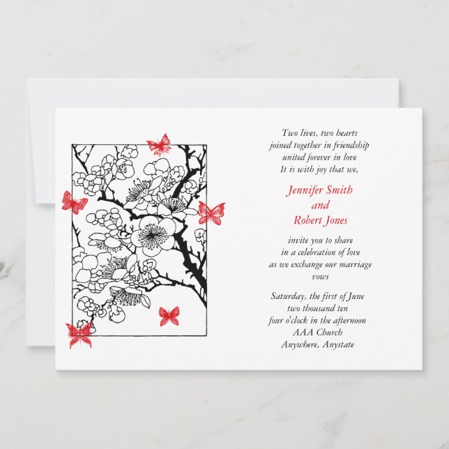 La mariposa soña la invitación roja de la boda (Anverso)