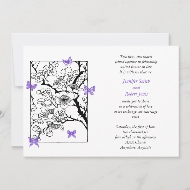 La mariposa soña la invitación violeta de la boda (Anverso)